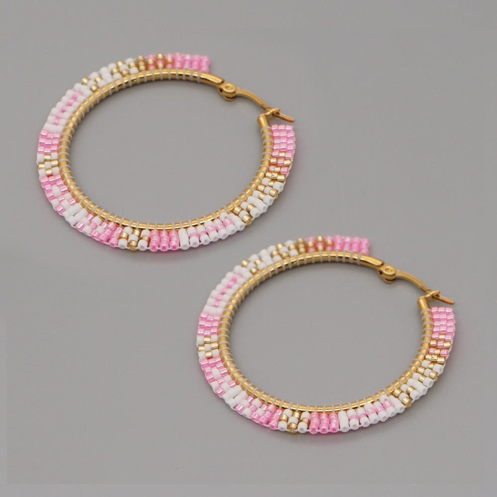 Hand-woven Large Hoop Earrings With Rice Beads