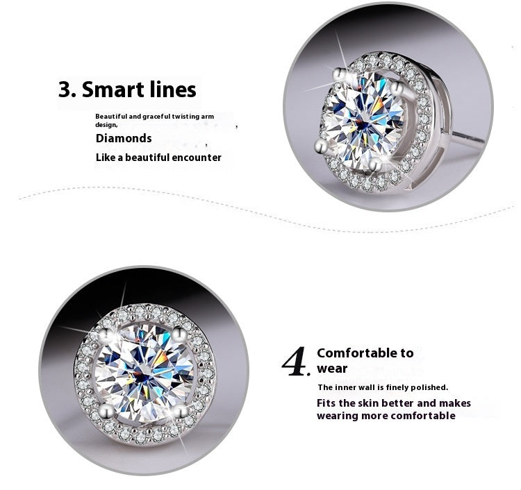 S925 Sterling Silver Genuine Goods Moissanite Round Bag Stud Earrings Simple Graceful