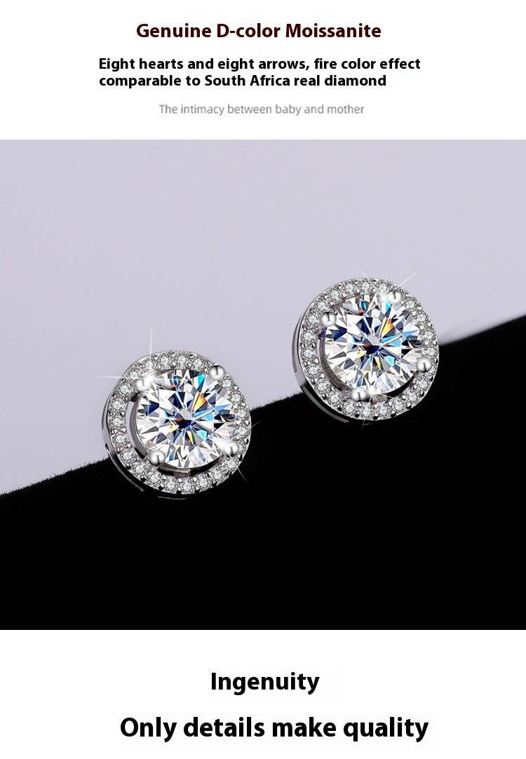 S925 Sterling Silver Genuine Goods Moissanite Round Bag Stud Earrings Simple Graceful