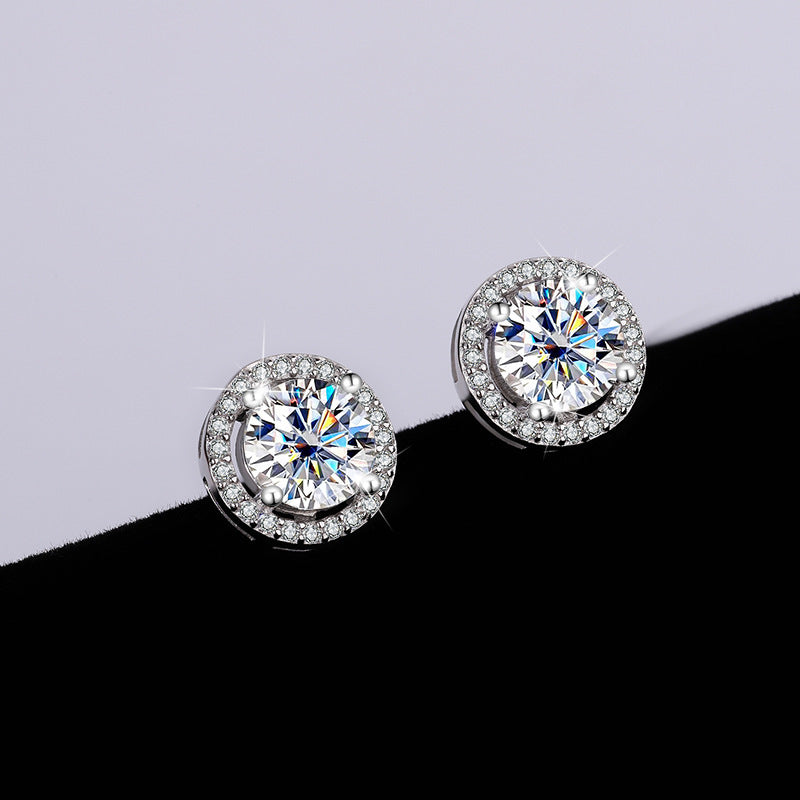 S925 Sterling Silver Genuine Goods Moissanite Round Bag Stud Earrings Simple Graceful