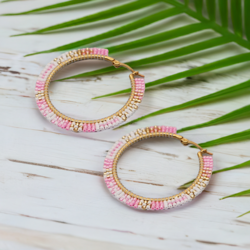 Hand-woven Large Hoop Earrings With Rice Beads