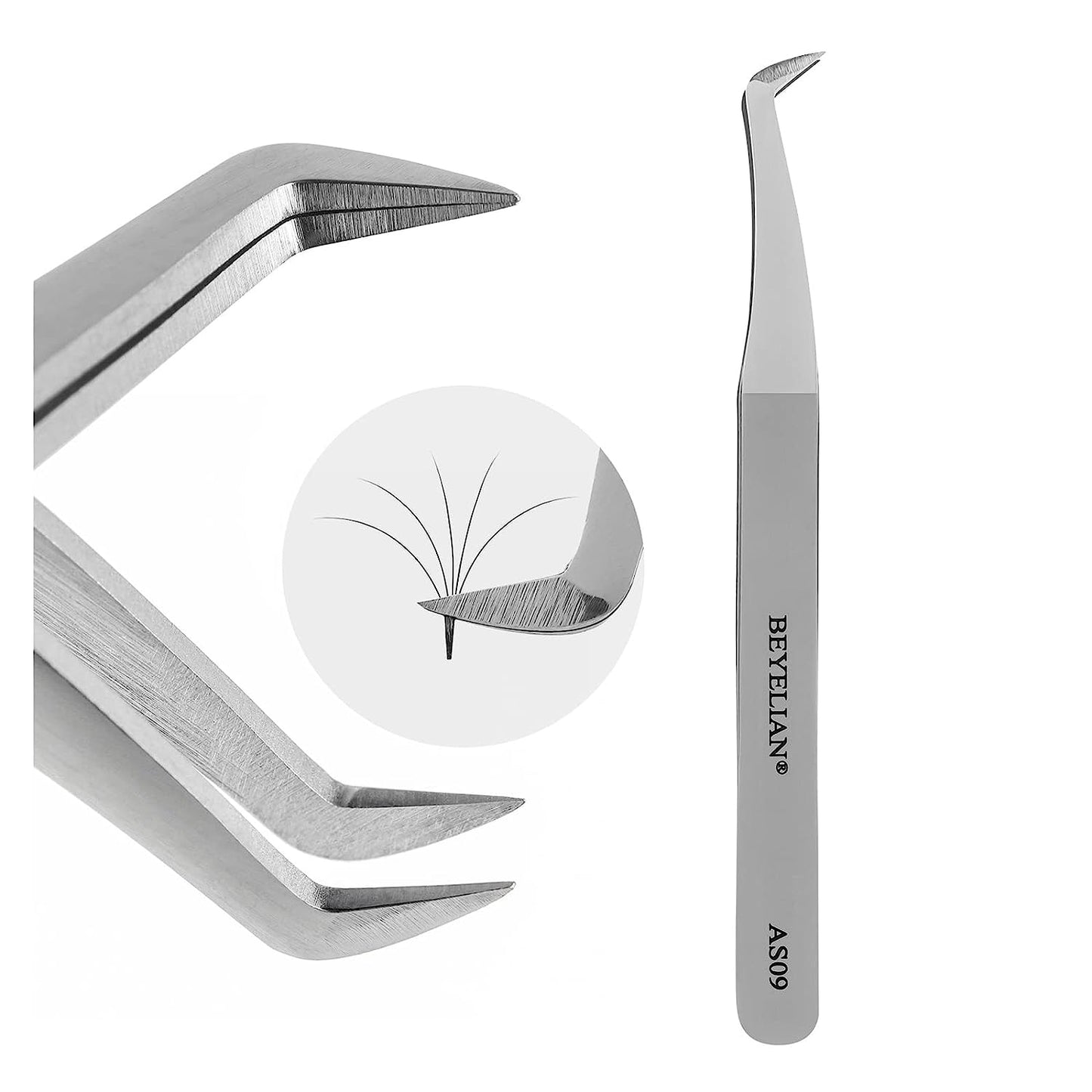 Volume Lash Tweezers  Lash Tweezers for Eyelash Extensions, Curved L High Precision Tip for Mega Fans, Stainless Steel AS09 Silver.