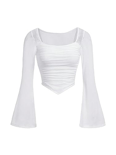 SOLY HUX Girl's Y2K Long Sleeve Crop Tops Mesh Ruched Asymmetrical T Shirts Square Neck Fitted Tees
