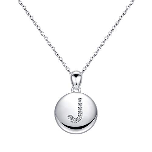 Turandoss Letter Initial Necklace for Women Girls, 16" Round Disc Engraved CZ Initial Necklace 14K Gold White Gold Plated Letter Necklaces for Teen Girls