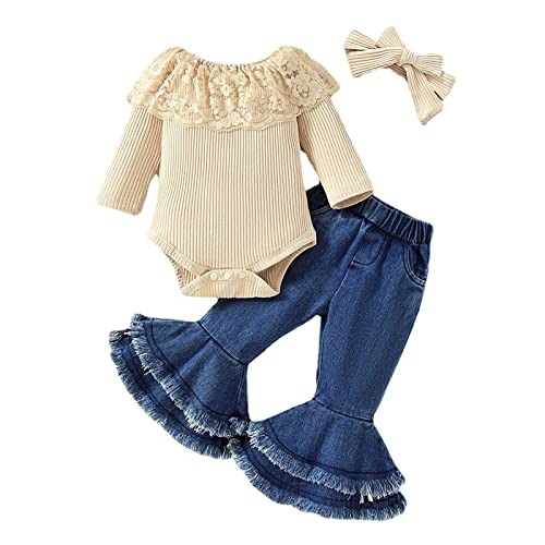koramesis Baby Girl Clothes Set Lace Ruffle Romper Flare Denim Jean Pants and Headband 3Pcs Set Newborn Infant Outfits Set