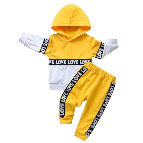 Rebey Toddler Infant Baby Boy Girl Clothes Long Sleeve Color Block Love Hoodie Tops Sweatsuit Pants Outfit Set