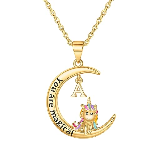 Unicorns Gifts for Girls,Unicorn Necklace for Girls 14K Gold Plated Initial Necklaces Unicorn Necklaces for Girls Unicorn Gifts for Girls Kids Necklace for Girls Easter Gifts Birthday Gifts for Girl(A