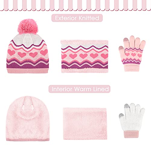 Kids Toddlers Winter Knit Warm Beanie Hat Scarf Gloves Set for Boys Girls Age 2-7, Pompom Cap Neck Warmer Gloves Fleece Lined