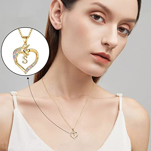 Hidepoo Unicorns Gifts for Girls, 14K Gold Plated Colorful CZ Heart Pendant Unicorn Necklace Girls Jewelry Letter Initial Unicorn Necklaces for Girls Women Unicorn Gifts for Girls Teen Girls