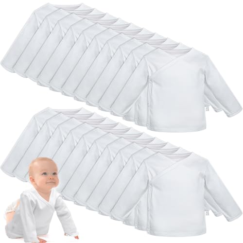 Ramede 20 Pcs Unisex Baby Side Snap Long Sleeve Shirts 0-3 Months Newborn Mittens Shirt Infant White Kimono Long Sleeve Undershirts Tops for Baby Boy and Girl, Cotton