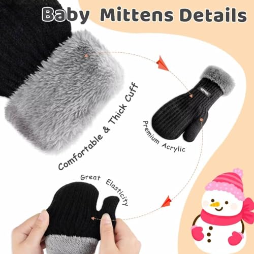 Baby Beanie Mittens Scarf Set Girls Boys, Toddler Winter Hat and Gloves Neck Warmer Set Knit Warm with Fleece Lining