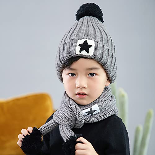 Kids Winter Beanie Scarf Set, Neck Warmer Fleece Lined Knitted Hat with Pompom