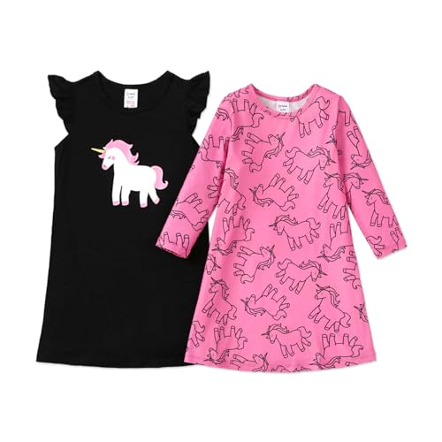 PATPAT Girls Princess Nightgowns Toddler Baby Girl 2 Pack Cute Unicorn Sleep Shirt Dress 3-6 Years