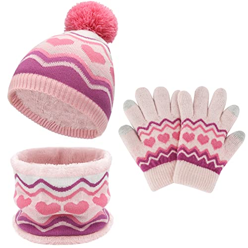 Kids Toddlers Winter Knit Warm Beanie Hat Scarf Gloves Set for Boys Girls Age 2-7, Pompom Cap Neck Warmer Gloves Fleece Lined