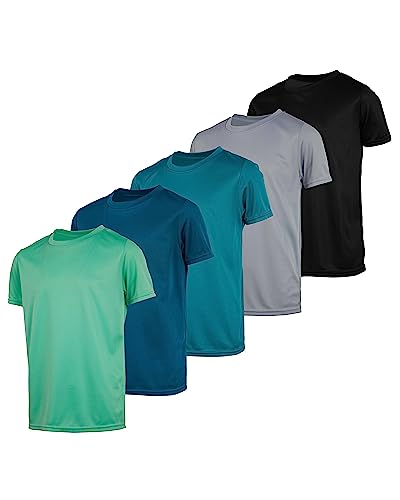 Real Essentials 5 Pack: Youth Mesh Moisture Wicking Active Athletic Performance Short-Sleeve T-Shirt Boys & Girls