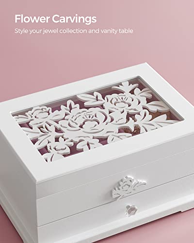 SONGMICS Jewelry Box, 2-Tier Jewelry Organizer with Flower Carvings, Drawer, Gift for Loved Ones, Kids, Jewelry Storage Case for Rings, Earrings, Necklaces, Bracelets, Christmas Gifts, White UJOW201
