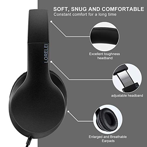LORELEI X6 Over-Ear Headphones with Microphone, Lightweight Foldable & Portable Stereo Bass Headphones with 1.45M No-Tangle, Wired Headphones for Smartphone Tablet MP3 / 4 (Space Black)