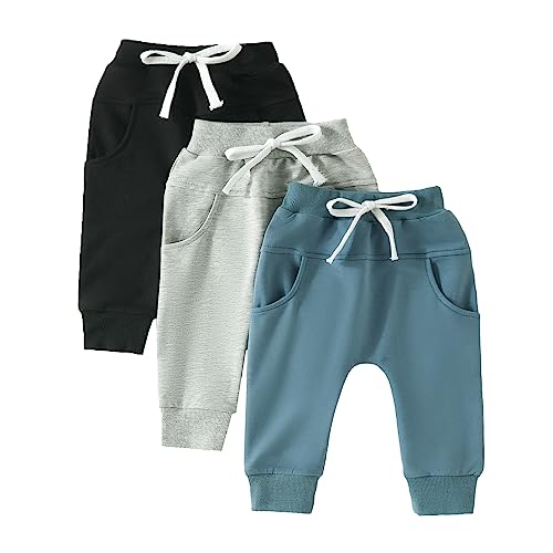 Amiblvowa 3 Pack Toddler Baby Boy Girl Fall Pants Solid Color Pull On Jogger Pants Sweatpants Infant Fall Winter Clothes