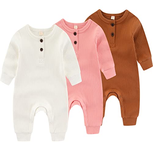 IADOER Newborn Baby Boys Girls One Piece Romper With Mitten Cuffs 3 Pack Long Sleeve Ribbed Button Jumpsuit Outfit Clothes