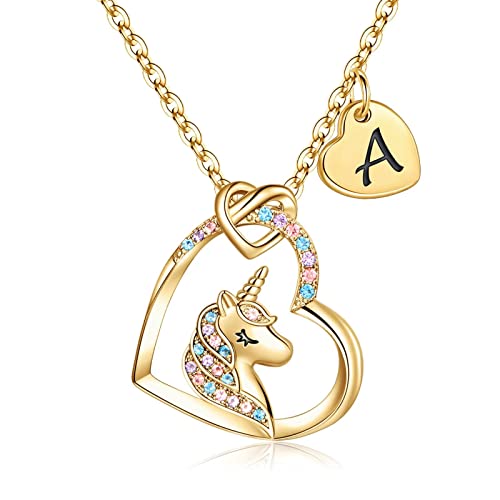 Hidepoo Christmas Gifts Unicorn Gifts for Girls - 14K Gold/White Gold/Rose Gold Plated Colorful CZ Heart Unicorn Necklaces for Girls Jewelry Initial Unicorn Necklace Birthday Gifts Unicorn Gifts