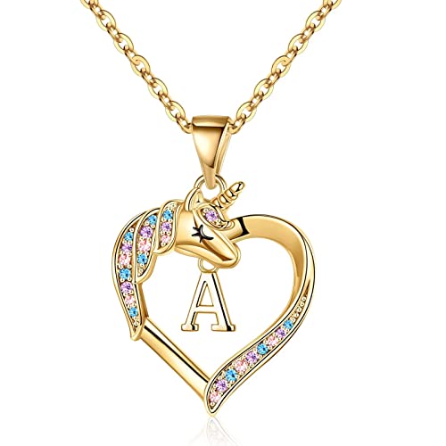 Hidepoo Unicorns Gifts for Girls, 14K Gold Plated Colorful CZ Heart Pendant Unicorn Necklace Girls Jewelry Letter Initial Unicorn Necklaces for Girls Women Unicorn Gifts for Girls Teen Girls