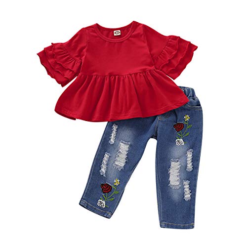 NZRVAWS Baby Girl Clothes Toddler Girl Outfit Infant Denim Ripped Jeans Ruffle Floral Leopard Shirt Pant Set Girl 0-4T