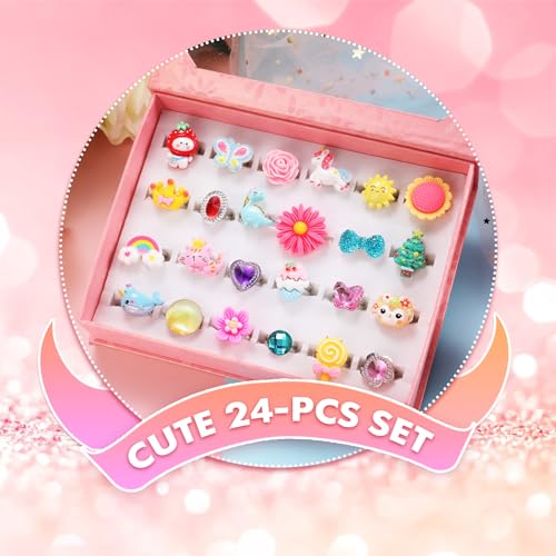PinkSheep Little Girl Jewel Rings in Box, Adjustable, No Duplication, Girl Pretend Play and Dress Up Rings (24 Lovely Ring)