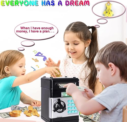 Piggy Bank Toy for Kids Boy Girl Age 3-9 Years Old Electronic ATM Coin Bank with Safe Password Kid Safe Bank Toy Money Saving Box Christmas Birthday Gift Toys for 3 4 5 6 7 Years Old Boys Girls-Black