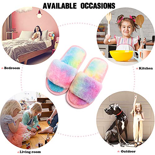 techcity Boys Girls Fuzzy House Slippers Cute Comfy Faux Fur Slip On Fluffy Plush Open Toe Home Slides for Kids Indoor Outdoor Warm Shoes