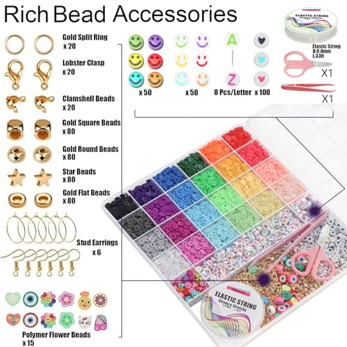YMSDZHL 6000+ Pieces Bracelet Making Kit 24 Colors Round Flat Polymer Clay Beads Kit with Round Alphabet Beads and Crystal Lines, Jewelry Accessories, Friendship for Charming Girls