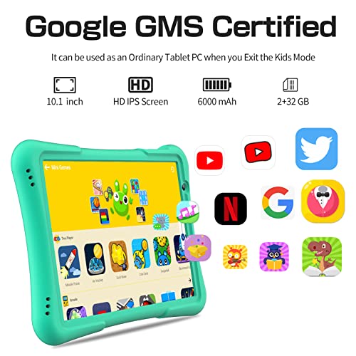 PRITOM 10 inch Kids Tablet Android 12 Tabletas 32GB, Quad-Core, 6000mAh, Large HD IPS Display, WiFi 6, Dual Camera, Bluetooth, Toddler Tablet for Kids Age 3+, Green