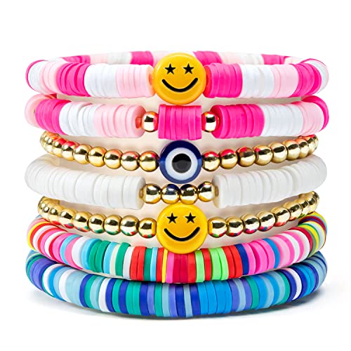 Y1tvei 7Pcs Heishi Surfer Bracelets Set Colorful Preppy Happy Smile Evil Eye Beaded Stretch Clay Stackable Boho Disc Y2K Kidcore Aesthetic Summer Beach Jewelry for Women Girls