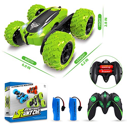 KKONES Remote Control Car, 2.4GHz Electric Race Stunt Car, Double Sided 360° Rolling Rotating Rotation, LED Headlights RC 4WD High Speed Off Road Gift for 3 4 5 6 7 8-12 Year Old Boy Toys (Green)