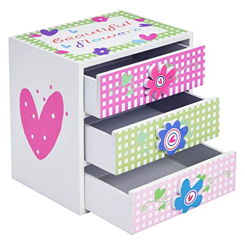 Small Floral Little Girls Jewelry Box with 3 Drawers and Flower Knobs, Square Wooden Organizer for Necklaces, Earrings, Rings, Kids Ages 4-13 Hair Accessory Storage (6 x 4.5 In)