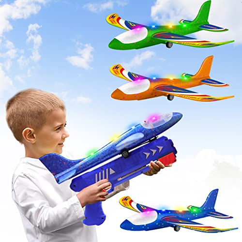 Wesfuner 3 Pack Foam Airplane Launcher Toys, 2 Flight Mode Glider Plane,Kids Flying Toy,3 4 5 6 7 8 9 10 11 12 Year Old Boys Girls Gifts,Outdoor Sport Party Favor