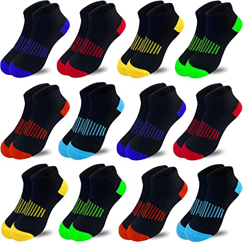 Tsmollyu 12 Pairs Boys Socks Kids Ankle Athletic Cotton Socks Half Cushioned Low Cut Socks