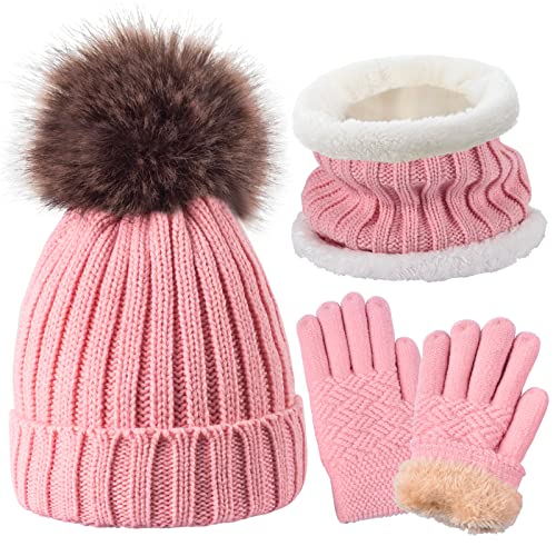 Kids Winter Knit Beanie Hat Scarf and Gloves Set for Girls Boys with Pompom