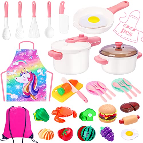 Kids Play Kitchen Accessories Set, Pretend Play Cooking Toys Set, Kitchen Toys Playset for Toddlers, Toy Pots and Pans for Kids Kitchen with Fake Play Food Cookware Utensils Dishes, Girls Boys Gift