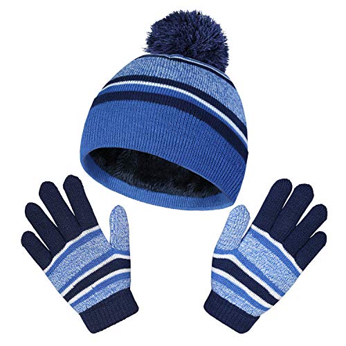 OZERO 2Pcs Kids Winter Knit Hat Gloves Set Warm Fleece Lining Thermal Beanie for 4-10 Year Boys and Girls