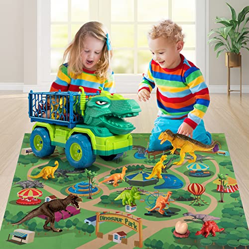 TEMI Dinosaur Truck Toys for Kids 3-5 Years, Tyrannosaurus Transport Car Carrier Truck with 8 Dino Figures, Activity Play Mat, Dinosaur Eggs, Capture Jurassic Play Set for Boys and Girls