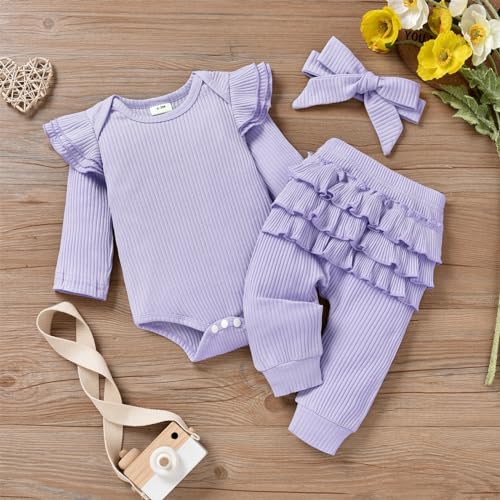 CETEPY Baby Girl Clothes Newborn Romper Long Sleeve Infant Outfits 3Pcs Ruffle Tops + Pants + Headband