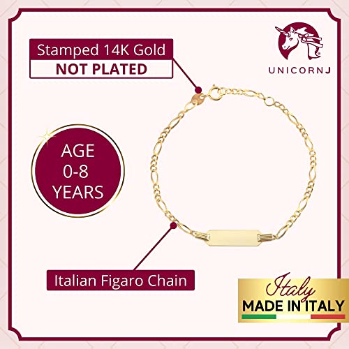 UNICORNJ 14k Gold ID Bracelet Engravable Girls Boys Kids Baby Infant, Personalized Figaro Curb Chain Name Bracelets for Babies Newborn Toddler Child Girl Boy Yellow Gold, Made in Italy