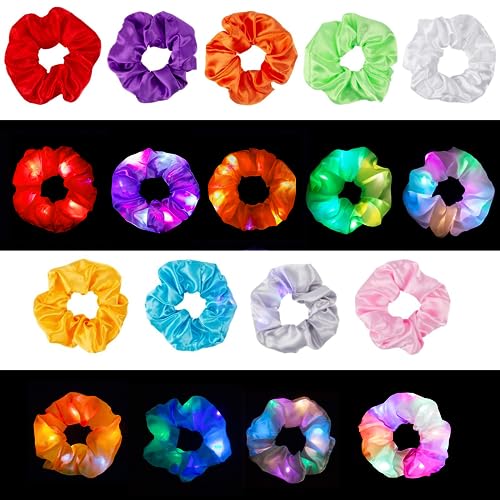 9 Pcs LED Light Hair Scrunchies Satin Elastic Bands Ties Ropes - 3 Colors Light Modes, Soft Cute Silk Scrunchy Hair Accessories for Women Girls Halloween Christmas Glow in The Dark Party Supplies