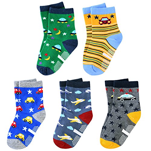 Kids Cotton Crew Socks with Grip - 5 Pack Boys Girl Winter Athletic Sport Ankle Sock Set 6-12 Year