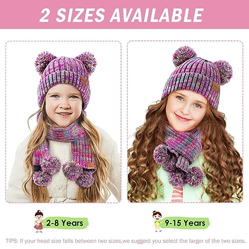Kids Winter Hat Gloves Scarf Set, Girls Toddler Children Beanie with Pom Knit Neck Warmer Gaiter Mittens Fleece Lined Set