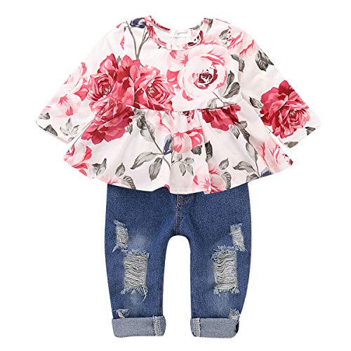 SANMIO Girl Clothes Outfits, Cute Toddler Baby Ruffle Sleeve Floral T-Shirt Tops with Ripped Jeans Pants Set
