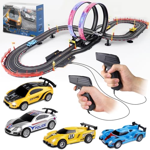 Slot Car Race Track Sets, 19ft Electric Track with LED Lights and 4 Slot Cars, 2 Hand Controller and Racing Game Lap Counters, Race Track Set Features a Loop, Turns, and a Crossover for Boys Age 6-12