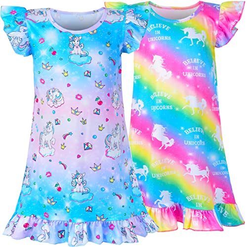Sylfairy 2pcs Girls Nightgowns, Unicorn Nightgown Princess Pajama Dresses for Girls Sleepwear Nightie