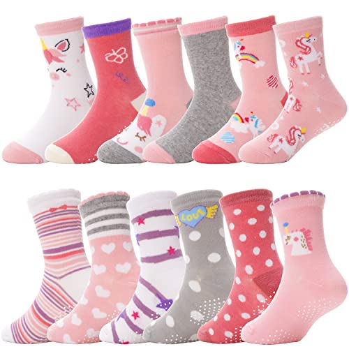 ANTSANG Baby Girls Toddlers Grips Socks Kids Non Slip/Anti Skid Unicorn Striped Crew Cotton Gift Socks