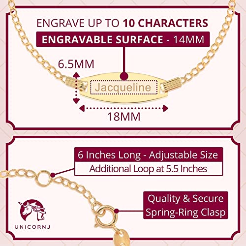 UNICORNJ 14k Gold ID Bracelet Engravable Girls Boys Kids Baby Infant, Personalized Figaro Curb Chain Name Bracelets for Babies Newborn Toddler Child Girl Boy Yellow Gold, Made in Italy